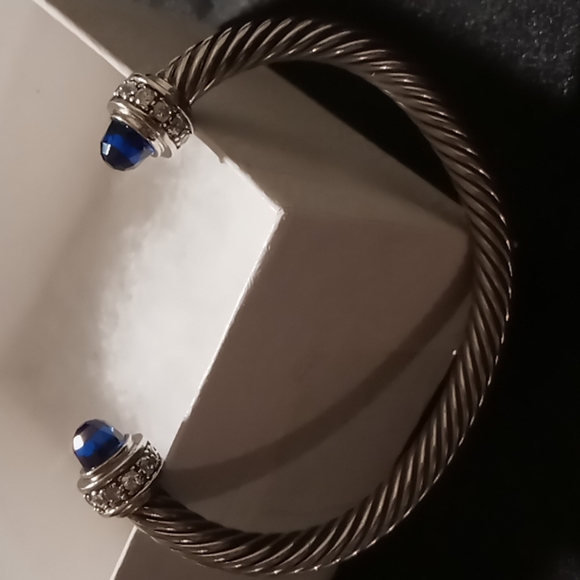 Twisted cable cuff sterling bracelet with blue sapphire gems & pave cz - Picture 10 of 12